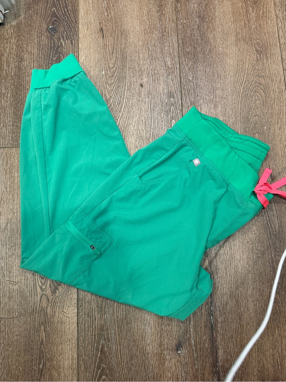 Figs Kelly Green Drawstring Cargo Joggers with Pink Ties
